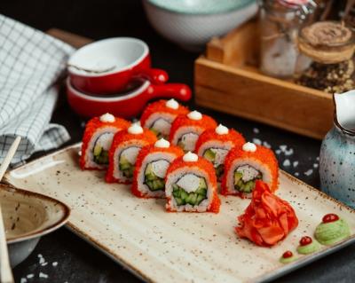 Sushi Rolls Topped with Red Caviar, Ginger, and Wasabi – Free Download