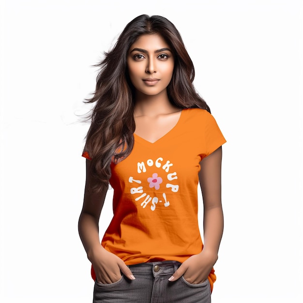 Indian Girl V Neck T-Shirt Mockup – Free Download