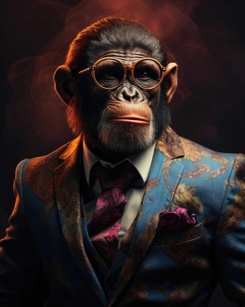 3D Monkey with Human Body in Suit Against Dramatic Studio Background – Free Download