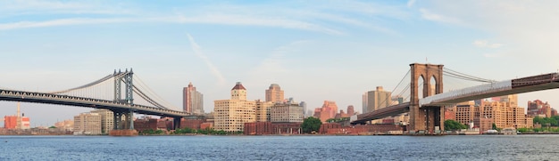 Stunning Sunset Panorama of Manhattan and Brooklyn Bridges over East River – Free to Download