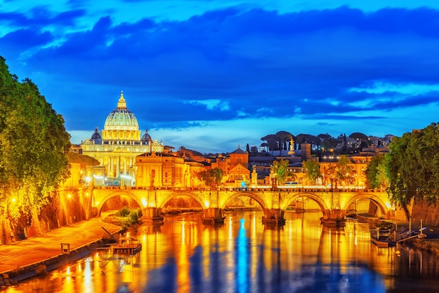 Nighttime View of Bridge Vittorio Emanuele II and St. Peter’s Basilica in Rome – Free Download