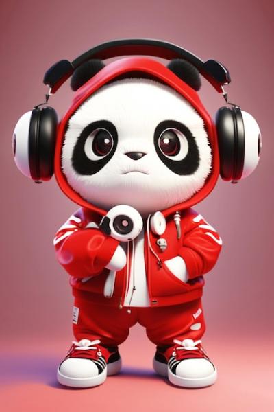 Panda Bear in a Red Jacket and Headphones – Free Download