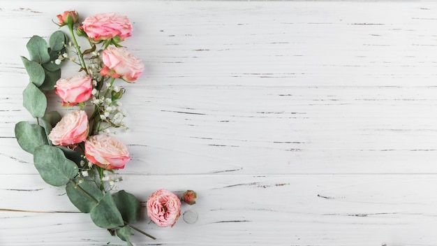 Green Twig, Pink Roses, and White Gypsophila on White Wooden Texture – Free Download