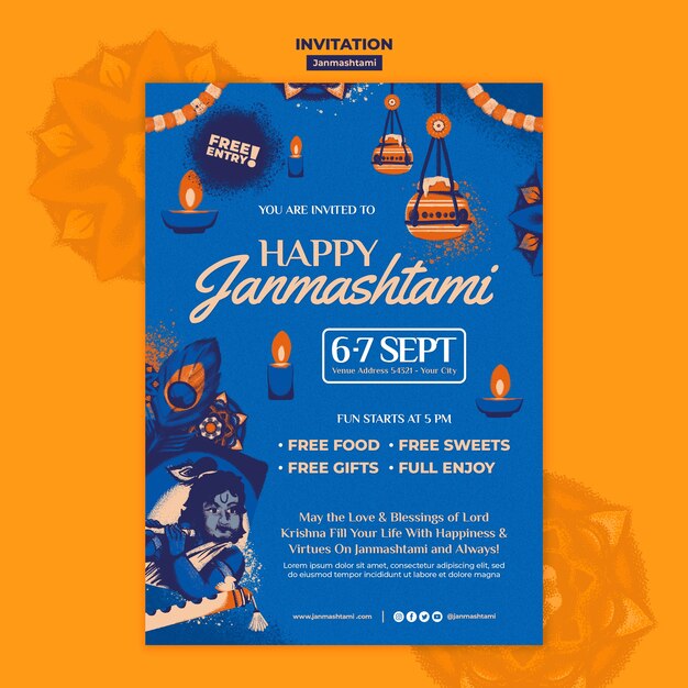 Hand Drawn Janmashtami Celebration Invitation Template – Free Download