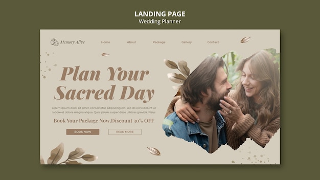 Watercolor Leaves Wedding Planner Landing Page Template – Free Download