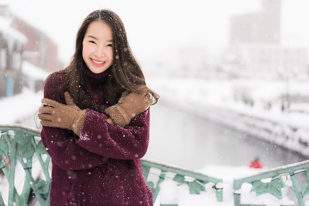 Beautiful Young Asian Woman Smiling in Otaru Canal, Hokkaido, Japan – Free Download