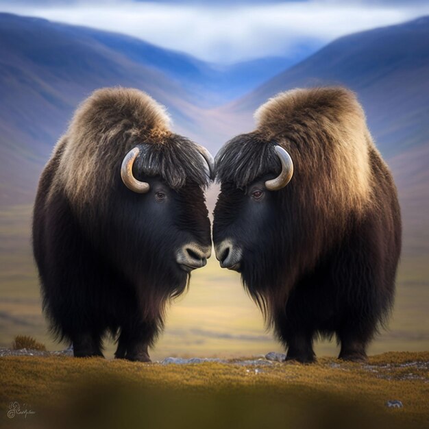 Two Bison Facing Each Other with Heads Touching – Free Download