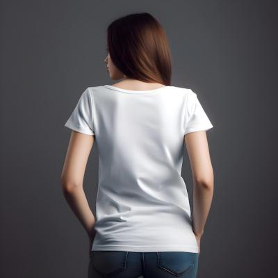 Back View of Woman in Blank White T-Shirt on Grey Background – Free to Download