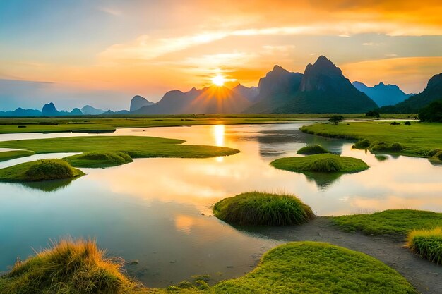 A Beautiful Sunset Over a Marsh with Majestic Mountains in the Background – Free Download