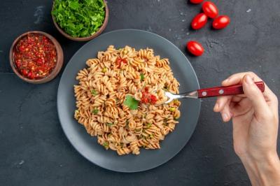 Top View of Rotini Pasta with Cherry Tomatoes and Sauce – Free Stock Photo for Download