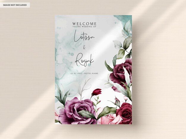 Vintage Wedding Invitation Card Set Featuring Maroon Roses Watercolor – Free Download