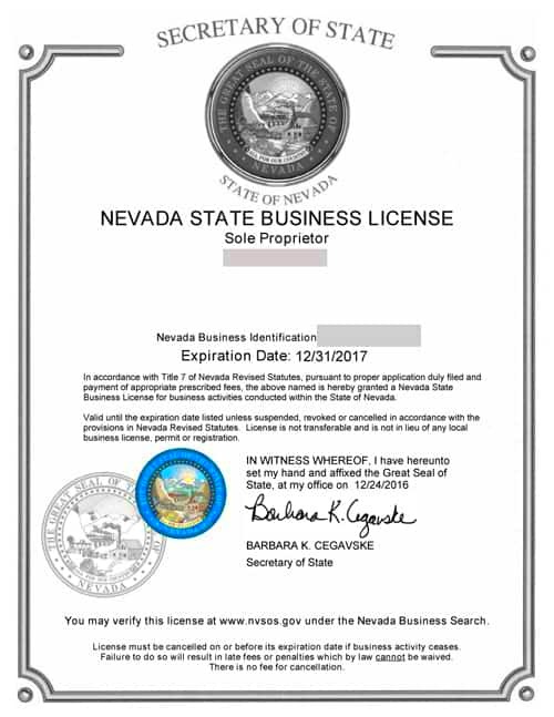 Nevada Business License Required by the State 55 State Fee