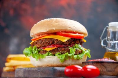 Tasty Meat Burger with French Fries on Dark Background – Free to Download