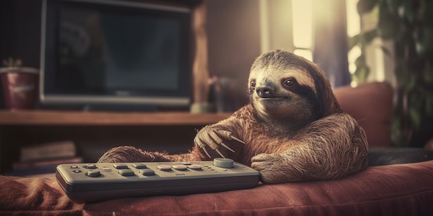 Sloth Relaxing on Couch with Remote Control – Free Stock Photo, Download for Free