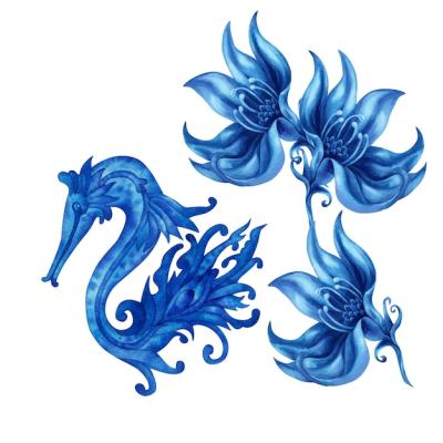 Fantasy Blue Flowers and Seahorse Handdrawn Watercolor Illustration – Free Download