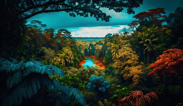 A Stunning Jungle Painting Featuring a Serene Lake and Lush Forest – Free Download