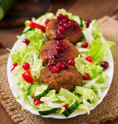 Juicy Meat Cutlets with Cranberry Sauce and Salad on a Rustic Wooden Table – Free Download