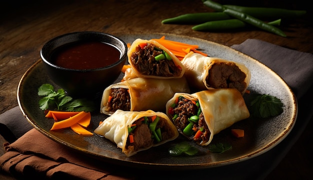 A Plate of Chinese Food with Bowl of Sauce and Beef Wrap – Free Download