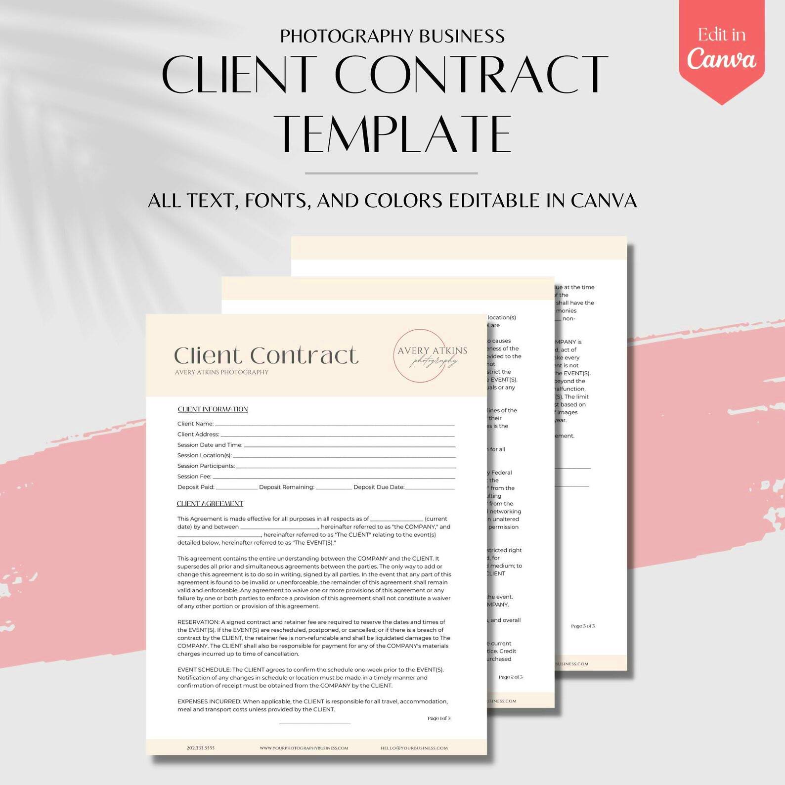 Contract Template Business Form Template Canva Template Etsy