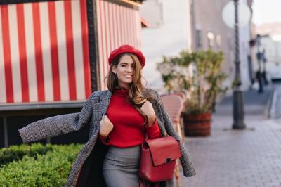 Gorgeous Young Woman in Gray Skirt and Coat Walking and Smiling – Free Download