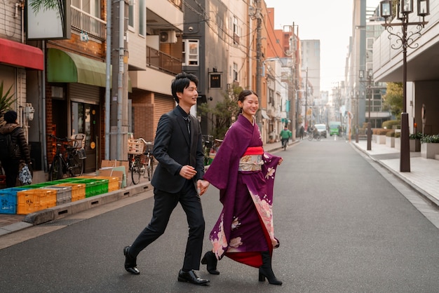 Japanese Couple Celebrating Coming of Age Day in the City – Free Stock Photo for Download