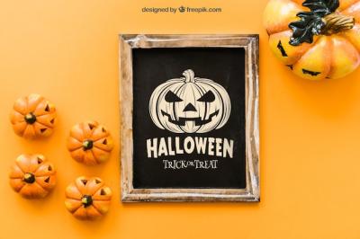 Halloween Slate Mockup Featuring Creepy Pumpkins – Free Download