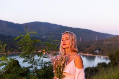 Young Caucasian Woman in Summer Dress Relaxing in Park with Tropical Sea View – Free Download