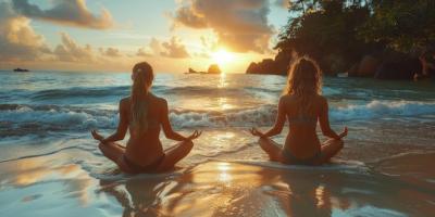 Sunset Beach Meditation: Two Women Practicing Yoga in Harmony with Nature – Free Download