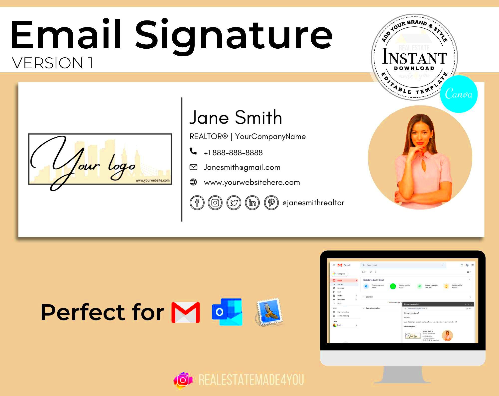 Email Signature Editable in Canva Custom Gmail Signature Real Estate 