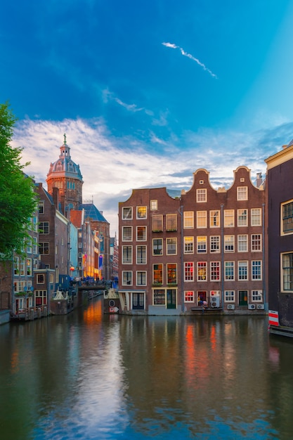 Evening City View of Amsterdam Canal, Bridge, and Typical Houses in Holland – Free Stock Photo, Download for Free