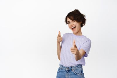 Brunette Woman Winking and Smiling with Pistol Fingers – Free Download