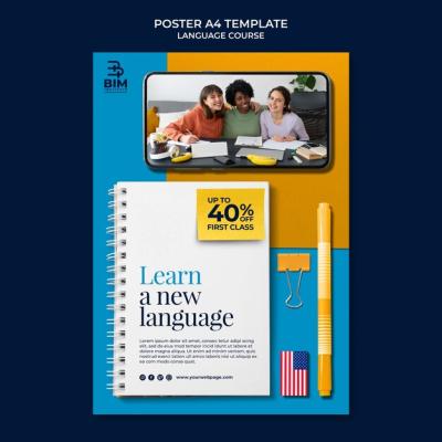 Language Courses Vertical Poster Template with School Supplies – Free Download