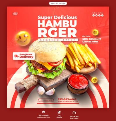 Delicious Burger and Food Menu Social Media Banner Template – Free Download