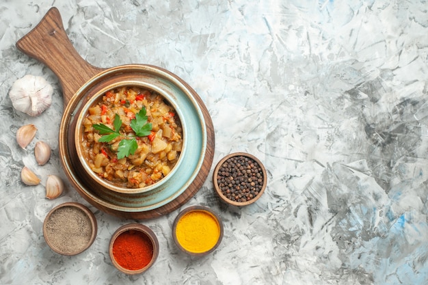 Top View of Roasted Eggplant Salad with Spices and Garlic – Free Download