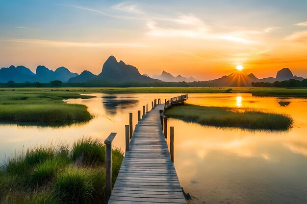 Wooden Boardwalk Leading to Lake with Majestic Mountains – Free Download