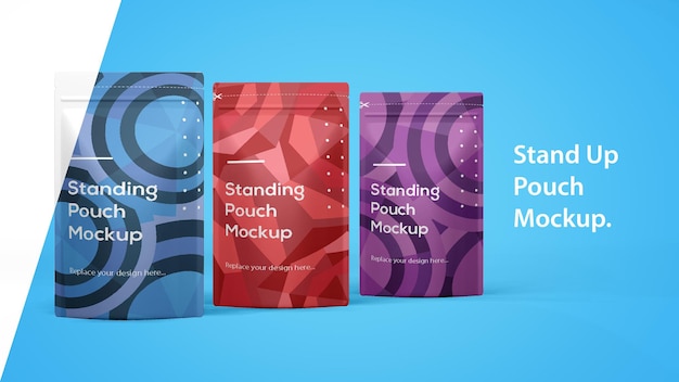 Three Standing Pouch Food Packaging Mockup – Free Download