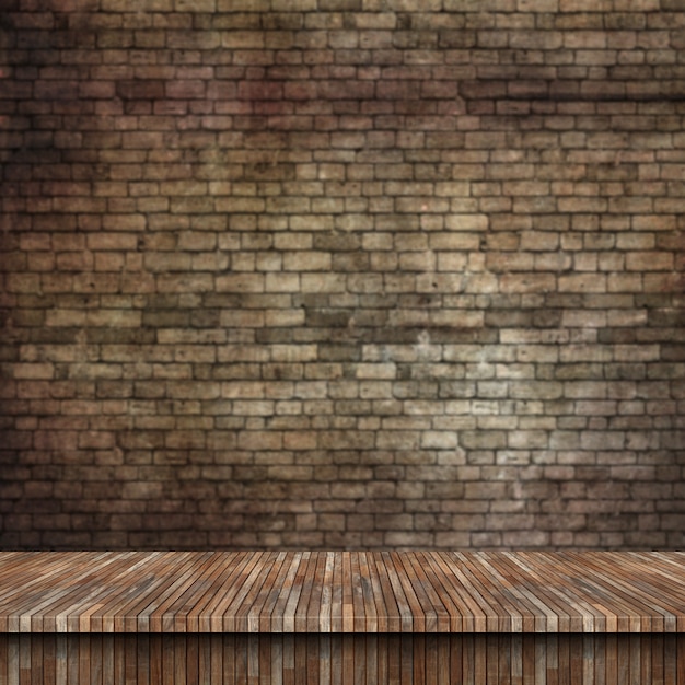 3D Wooden Table and Grunge Brick Wall – Free Download