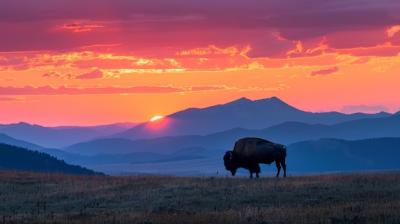 A Bison Grazing on a Grassy Hillside at Sunset – Free to Download