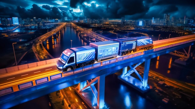 An Aerial View of an Electric Cargo Transport Crossing a Bridge in a Futuristic Cityscape – Free Download