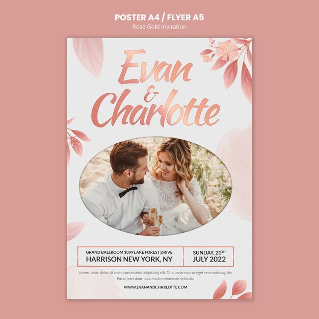 Rose Gold Wedding Invitation Vertical Poster Template with Leaves – Free Download