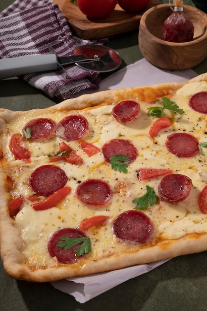 High Angle Shot of Delicious Square Pizza with Pepperoni – Free to Download