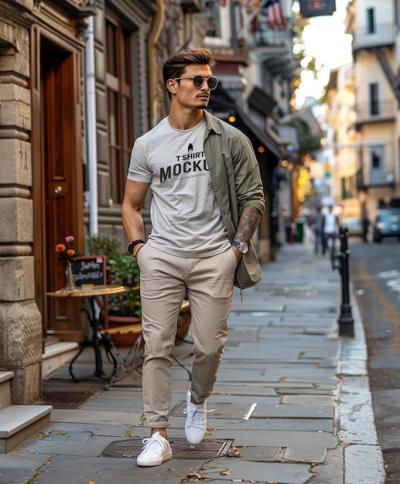 A Man in a White T-shirt, Khaki Pants, and Sunglasses Walking Down a Cobblestone Street – Free Download