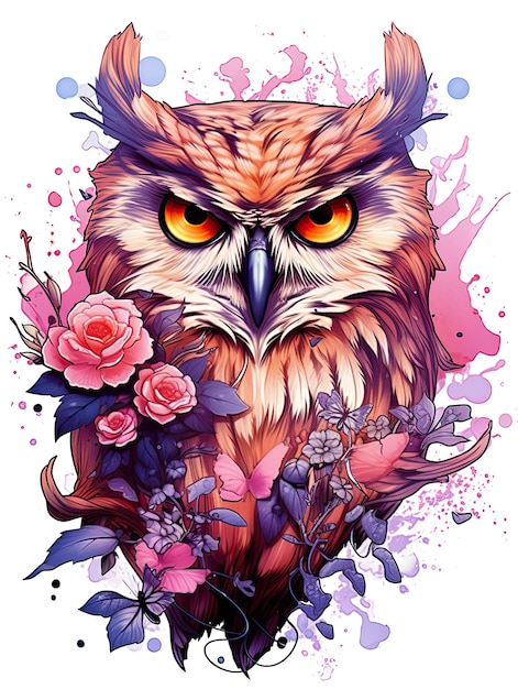 Beautiful Owl Tattoo Featuring Watercolor Pastel Colors and Spring Flowers – Free Download