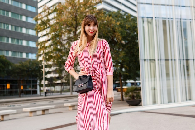 Pretty Woman in Red Dress Posing on the Street – Free Stock Photo Download