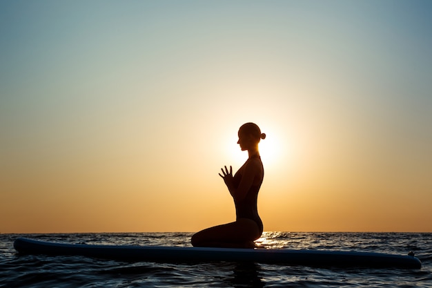 Beautiful Woman Practicing Yoga on a Surfboard at Sunrise – Free Stock Photo, Download for Free