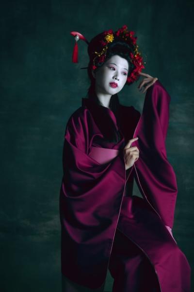 Young Japanese Woman as Geisha on Dark Green Wall – Retro Style Free Stock Photo for Download