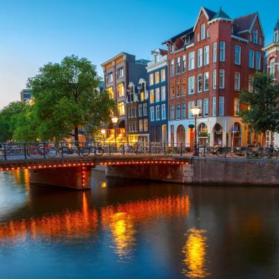 Night City View of Amsterdam Canal with Dutch Houses – Free to Download