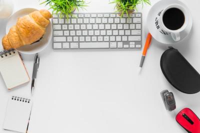 Minimalist White Workspace with Breakfast and Office Stationery – Free to Download