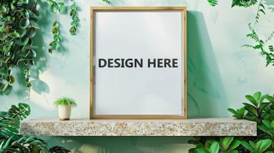 Poster Frame Mockup on Terrazzo Shelf for Artwork Placement – Free Download