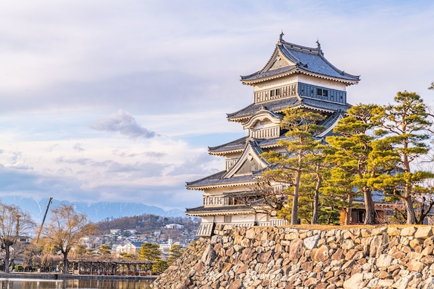 Closeup of Matsumoto Castle Surrounded by a Stone Wall and Lush Trees – Free Download